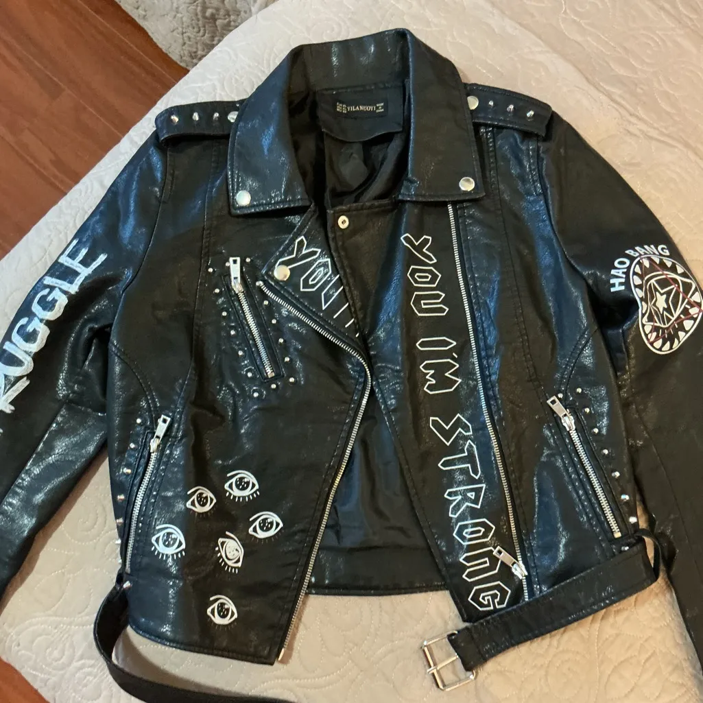 Boutique Black Vegan Leather Moto Jacket with Studded & Zipper Details Small - Image 3