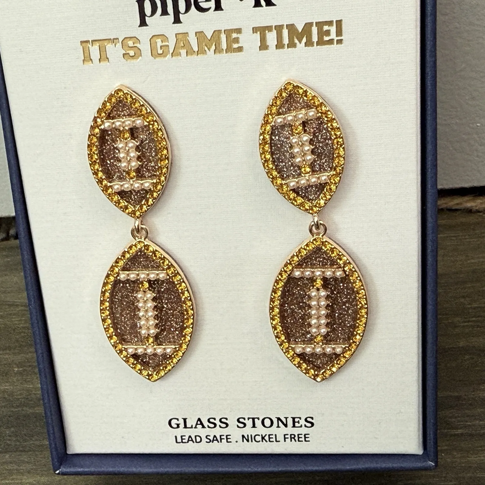Piper K Embellished It's Game Time Football Earrings New‎ In Box Gold - Image 2