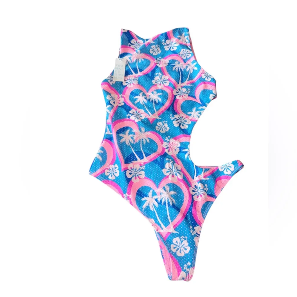 NWT  Frankies Bikinis Mel Mesh High Neck One Piece Swimsuit Tropic Love Small - Image 3