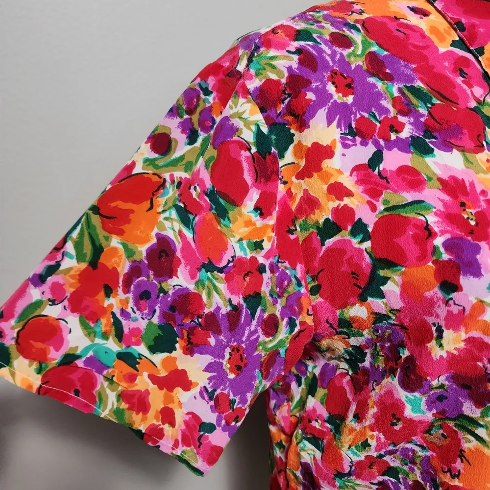 Vintage Sellecca 90s Multicolored Floral Silk Button Down Size 12 - Image 3
