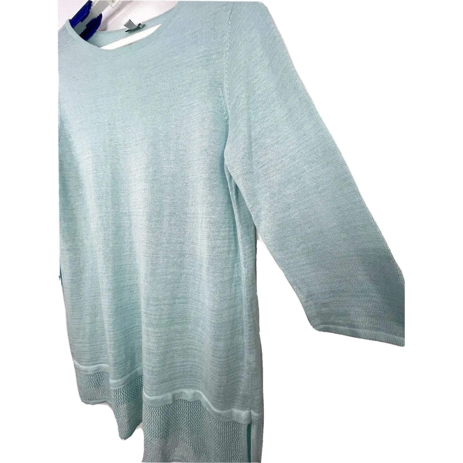 J JILL Pure Jill Aqua Linen Blend Asymmetric Mesh Hem Tunic Sweater Size Large - Image 4