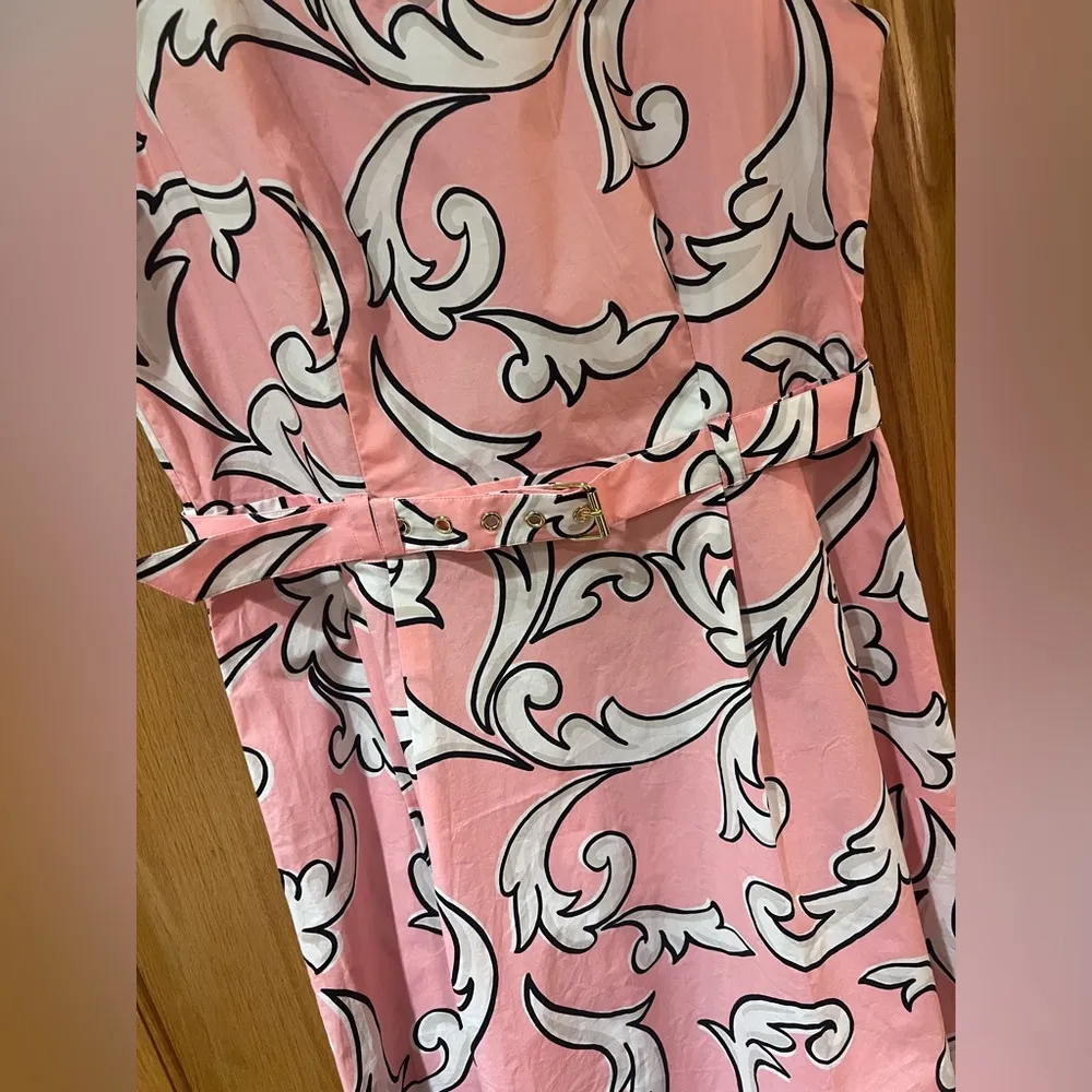 Boutique Moschino Pink & White Printed Cotton Poplin Belted A-Line Dress Size 12 - Image 5