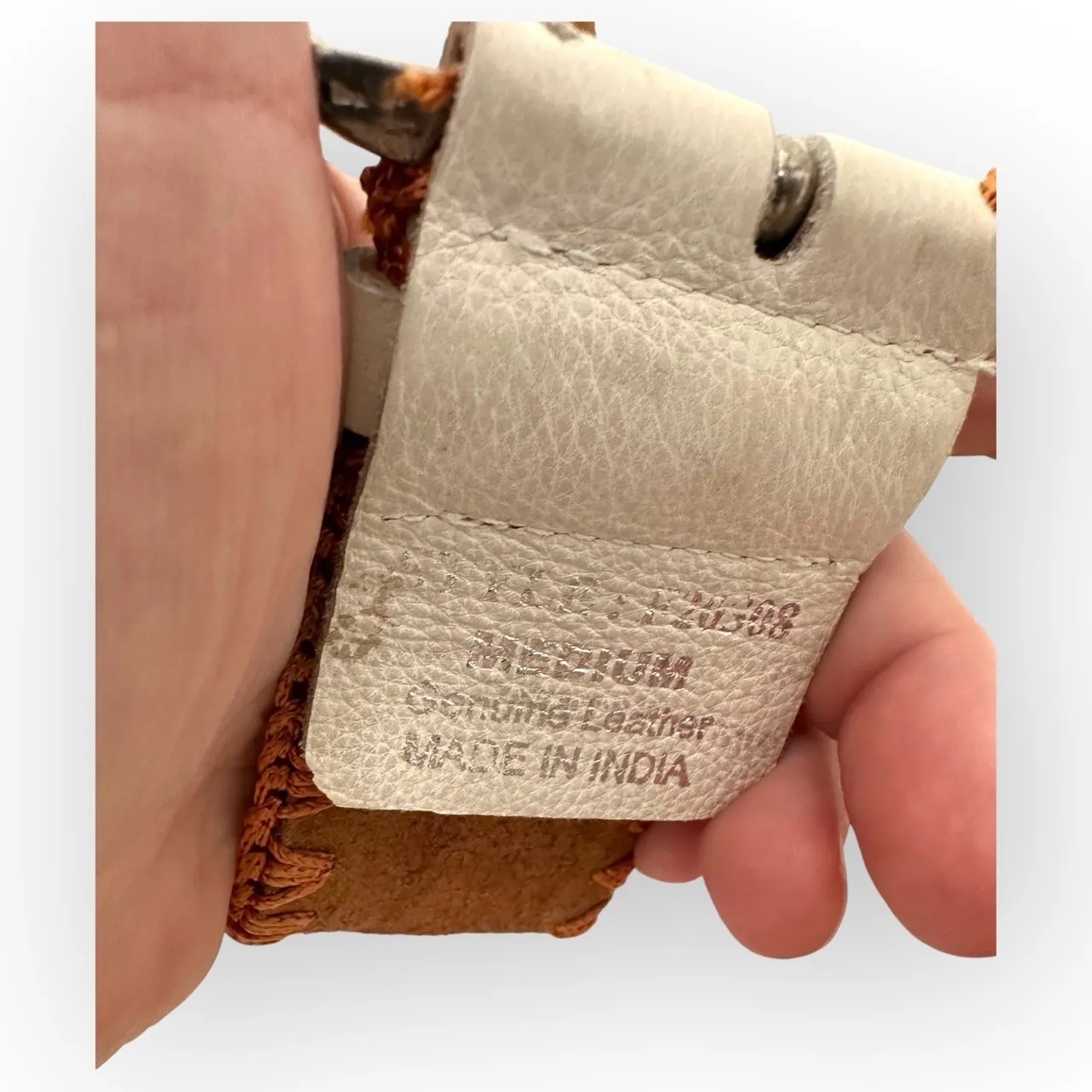 Vintage White Brown Genuine Leather Floral Whipstitch Belt Flowers Applique 90’s - Image 5