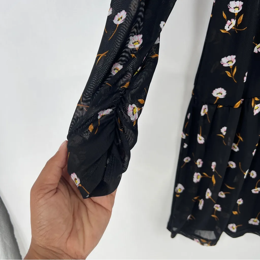 AFRM Noir Spring Floral Sheer Mesh Tiered Long Sleeve Mini Babydoll Dress Size M Black Size M - Image 6