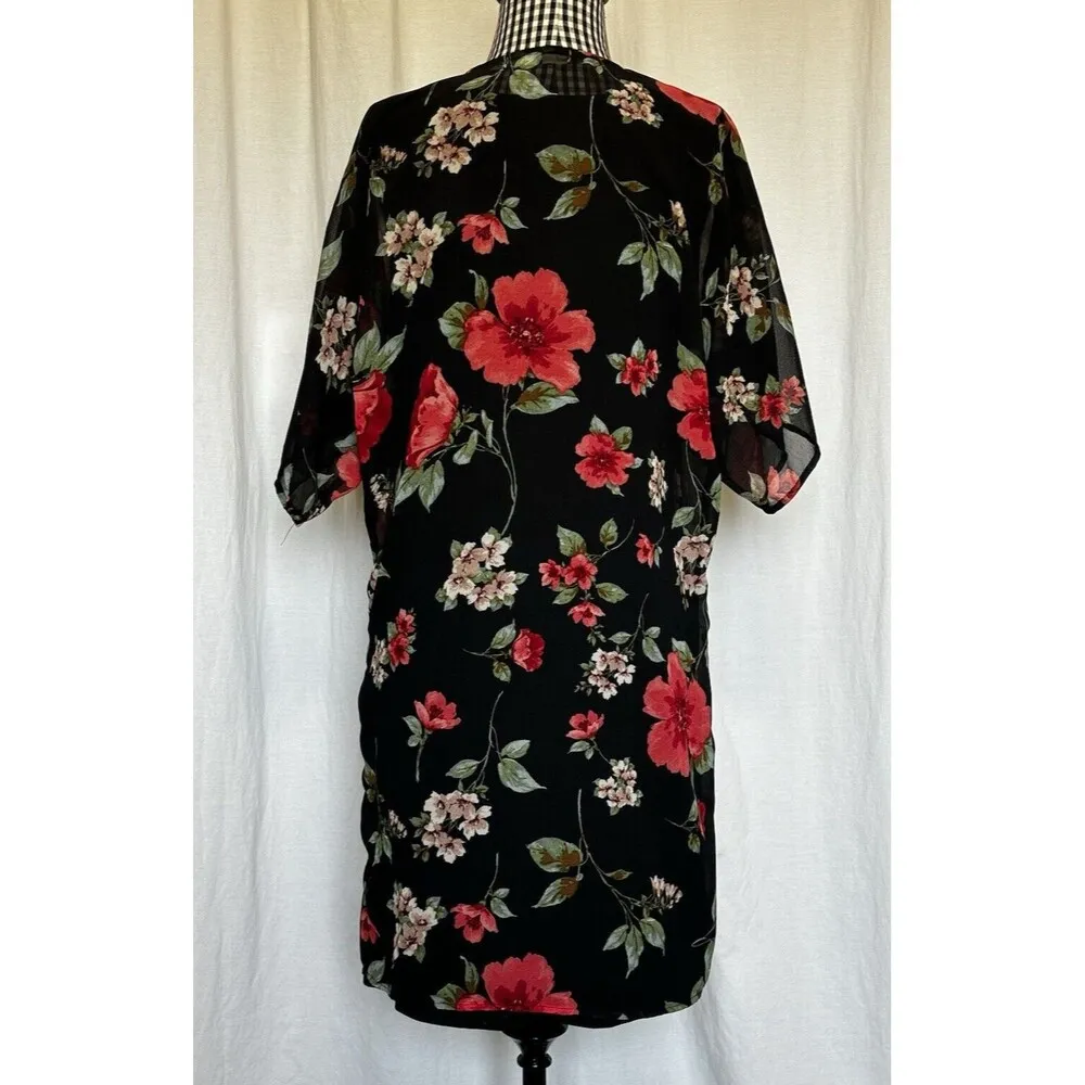 Liberty Love Black Floral Boho Sleeveless Swing Dress with Matching Kimono Large - Image 2