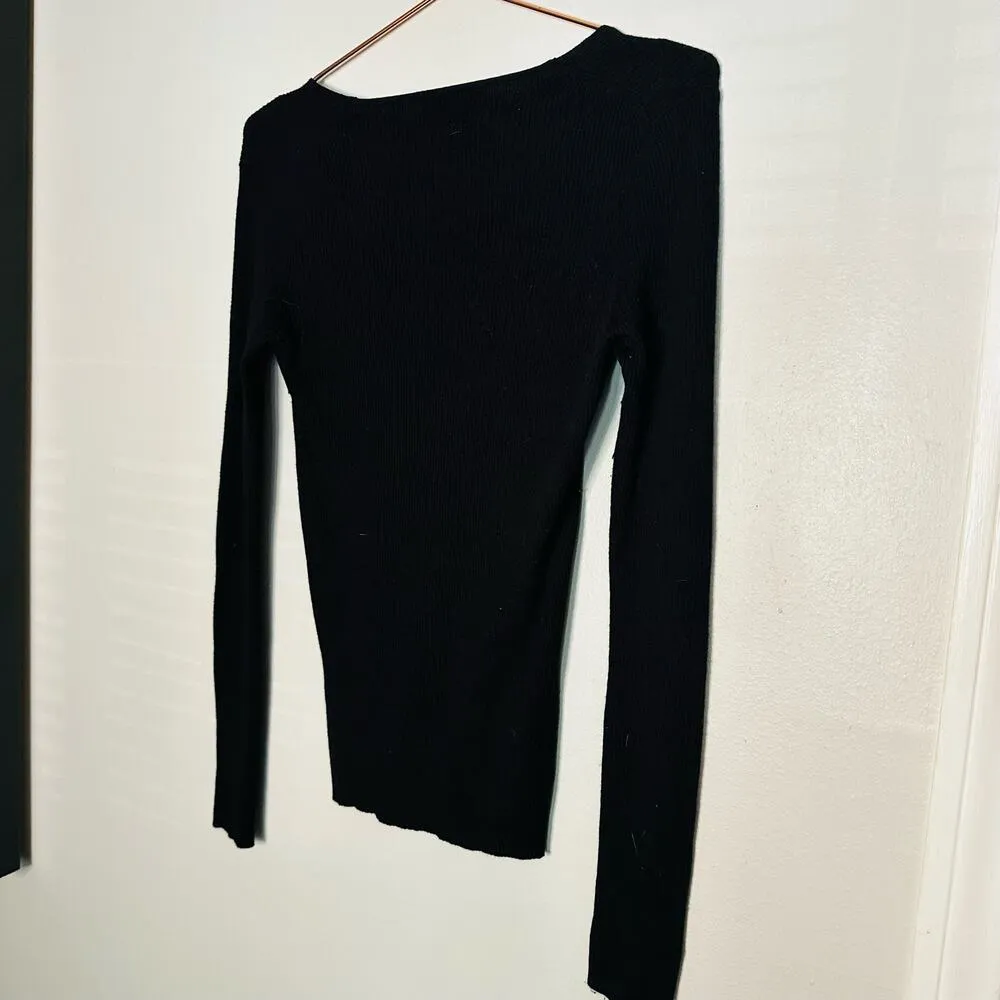 Massimo Dutti Wool Cashmere Blend Black V-Neck Long Sleeve Sweater Size Small - Image 7