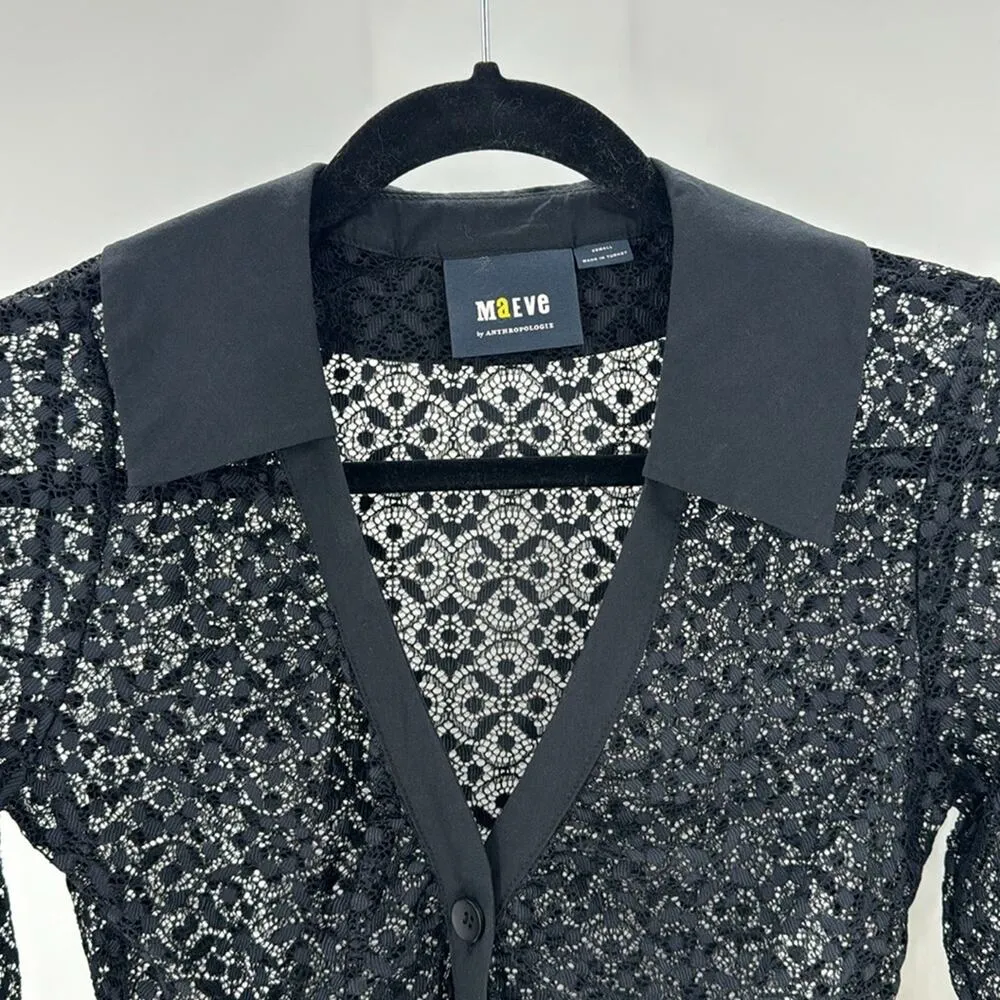 Maeve For Anthropologie Black Lace Button Down Blouse sexy  grunge goth size XS - Image 5