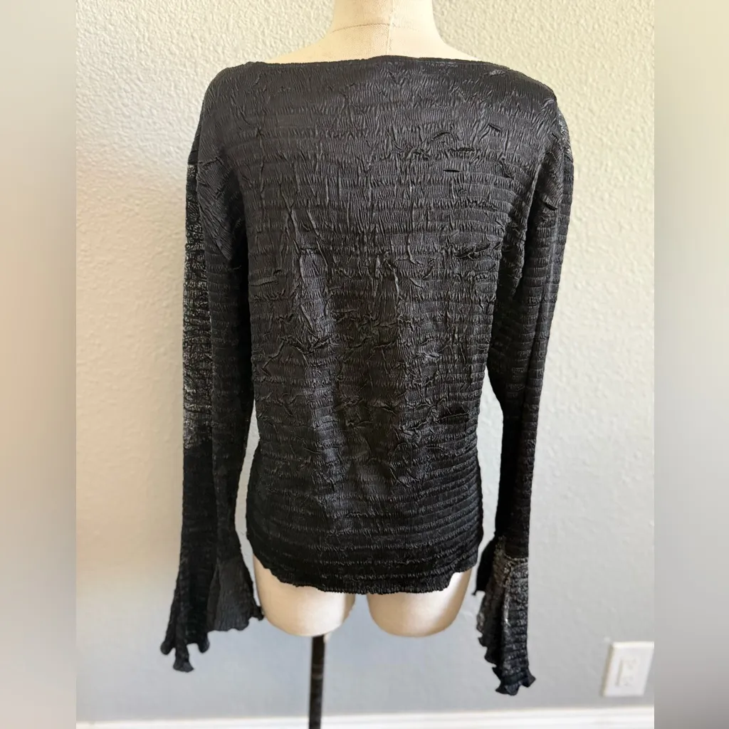 Vintage Alberto Makali Elegant Black Textured Blouse Ruffle Sleeves Size Large - Image 3