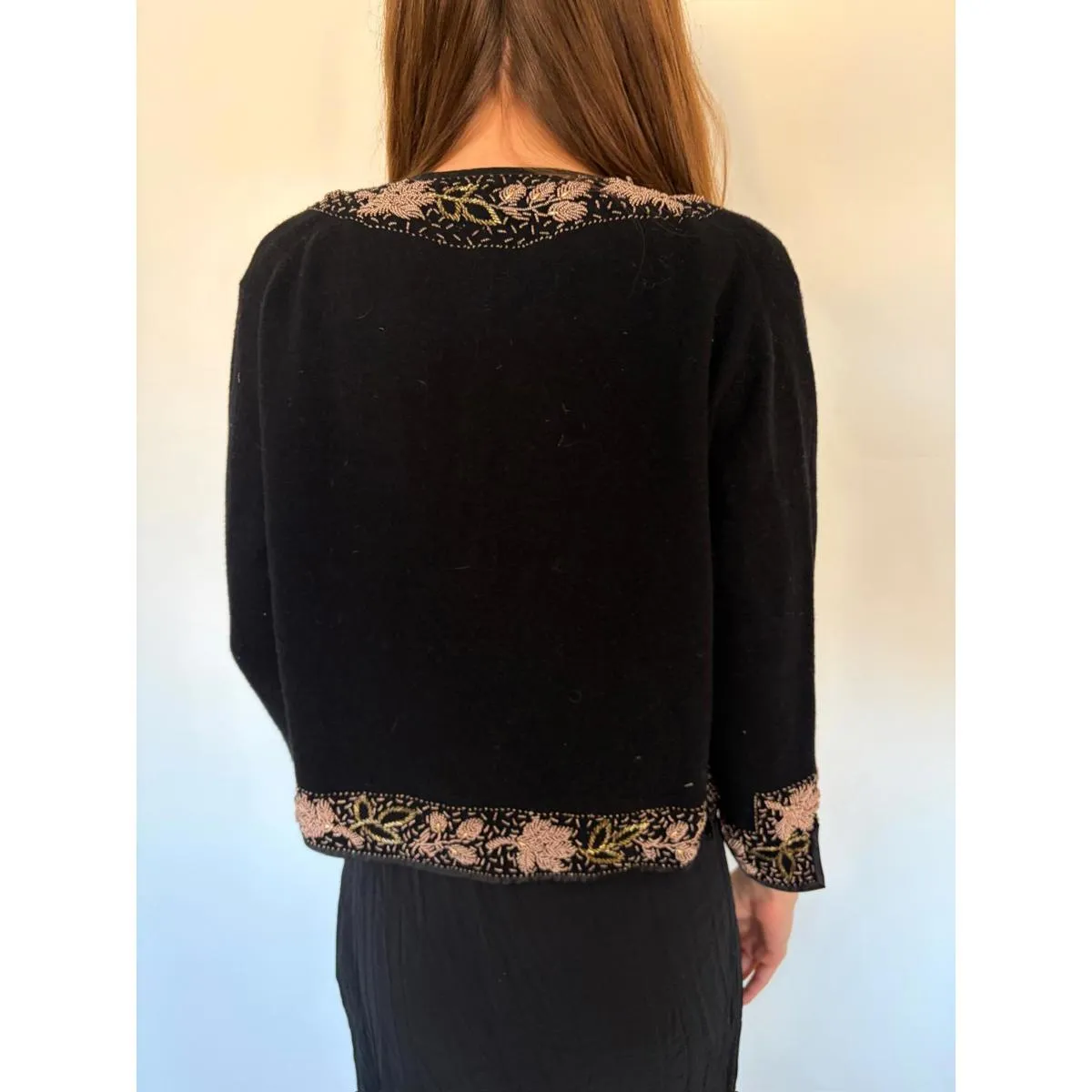 Beaded Leaf Autumn 3/4 Sleeve Vintage Cardigan Black - Image 5