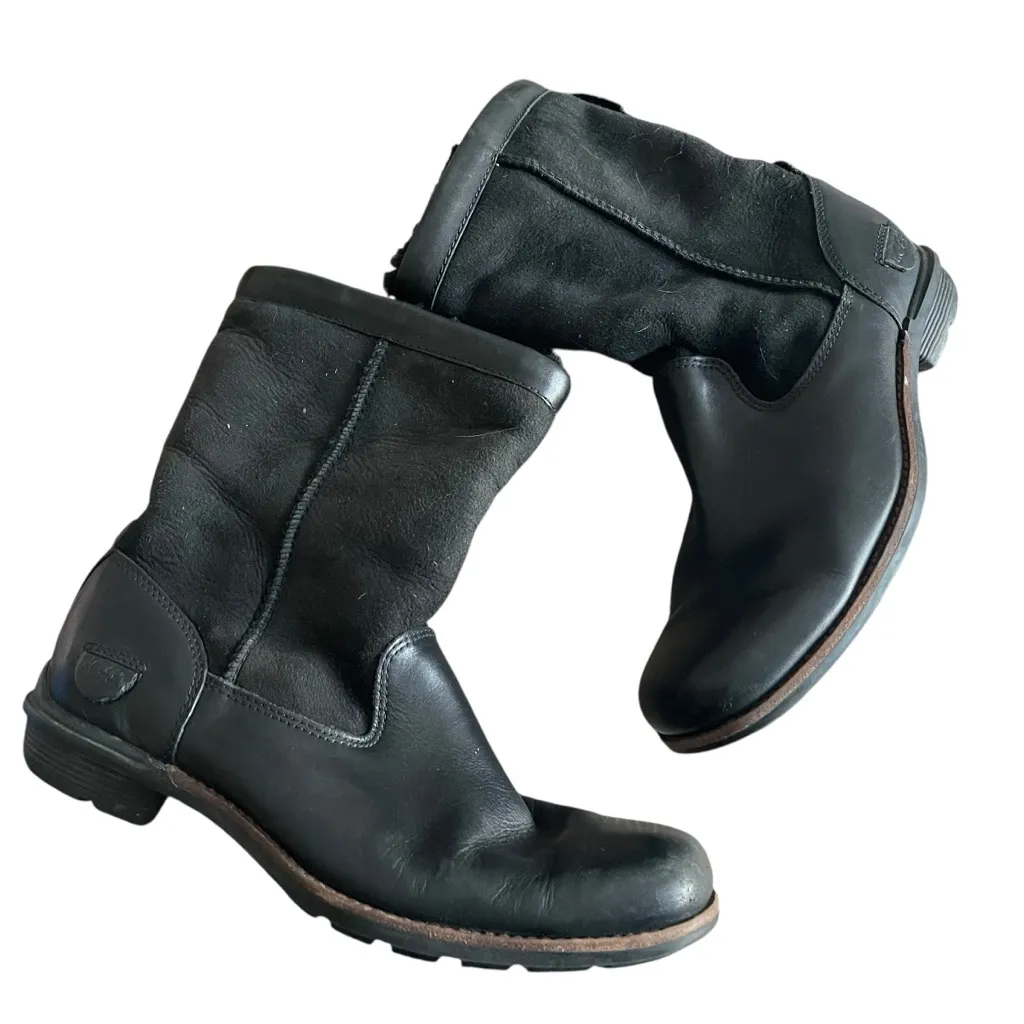 UGG Women's Black Leather Brookfield Short Sheepskin Cuffable Boots - Image 4