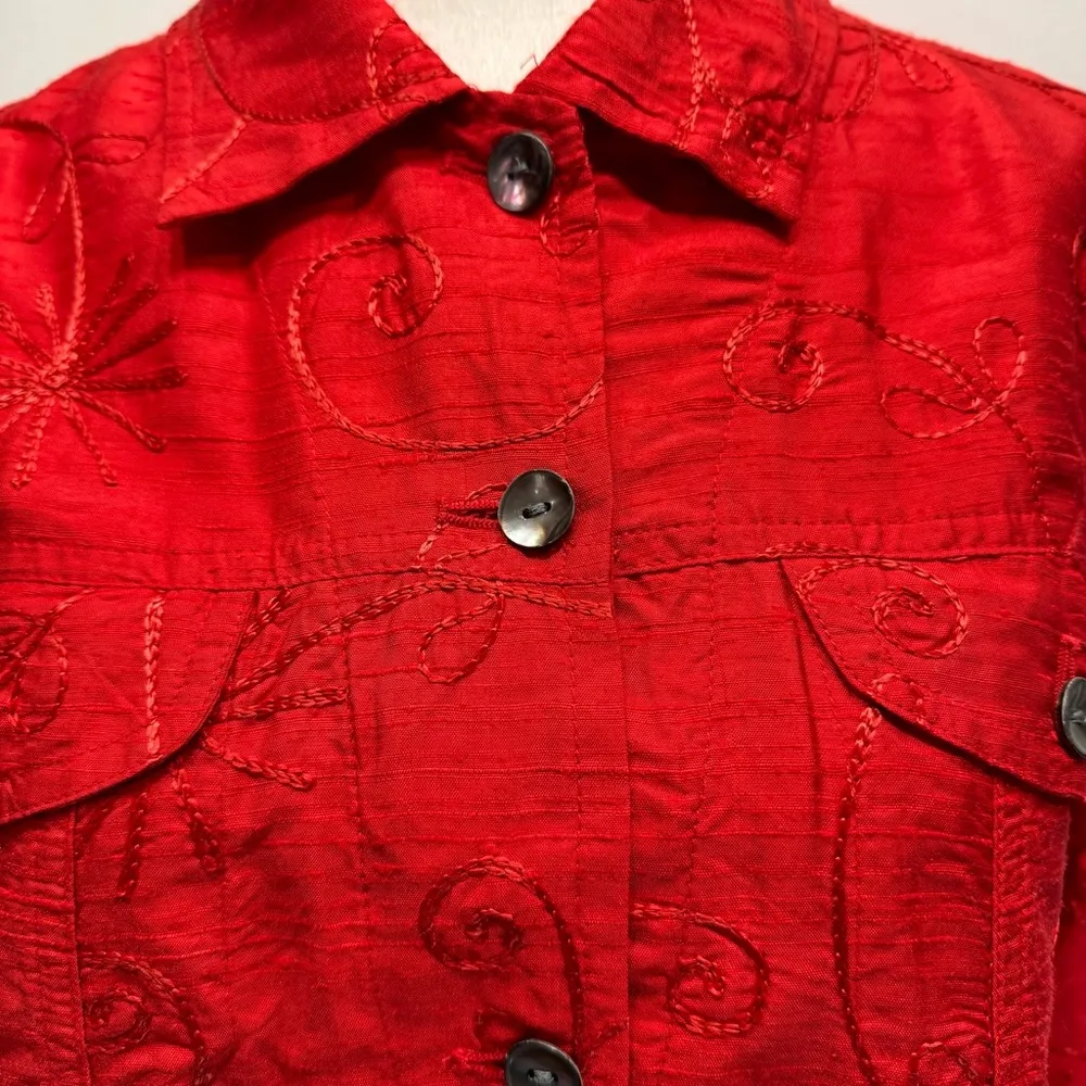 Chico’s Red 100% Silk Alicia Shirt Jacket Button Front w Embroidered Flowers 1/M - Image 5