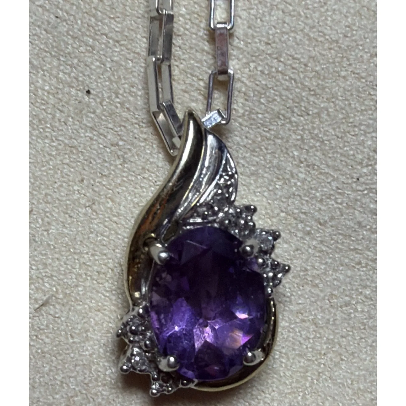 Amethyst and Diamond 10k Gold And 925 Pendant With 20" 925 Paper Clip Necklace Purple - Image 4