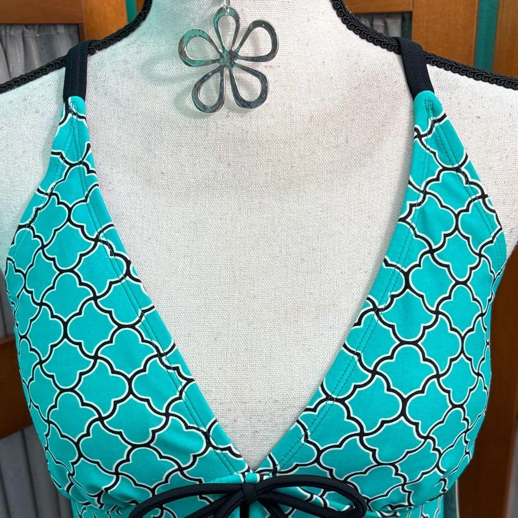 Beach Diva Teal Geometric Halter Tankini Top Blue Size 10 - Image 2