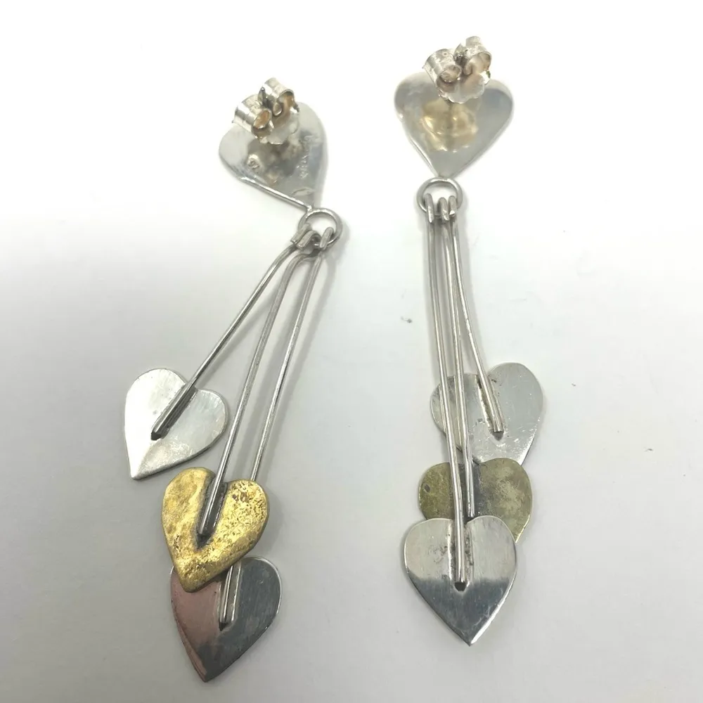 Sterling silver triple heart dangle post earrings, vintage - Image 10