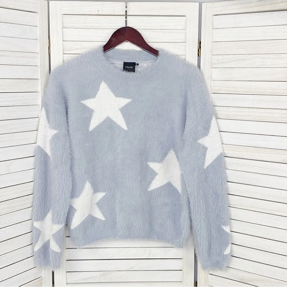 Cliche‎ Stars Fuzzy Crop Pullover Sweater Blue White Medium - Image 8