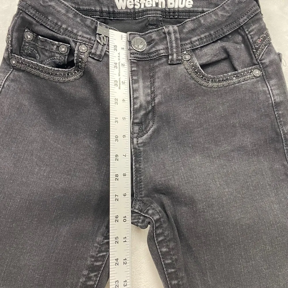 Western Blue Black Jeans Bootcut Rhinestone Embellished Denim Jeans Sz 26 - Image 4
