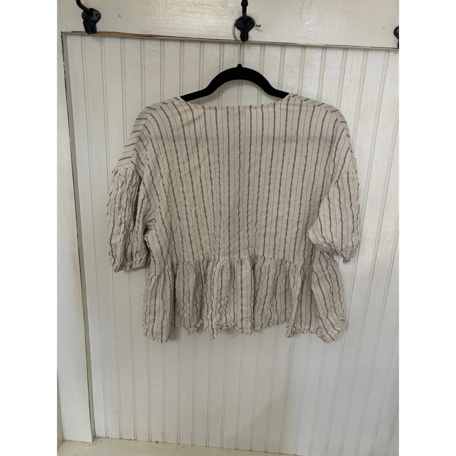 Miou Muse Striped Lace Up Peplum Blouse Top Women's Large Beige Black Bow Detail Tan - Image 4