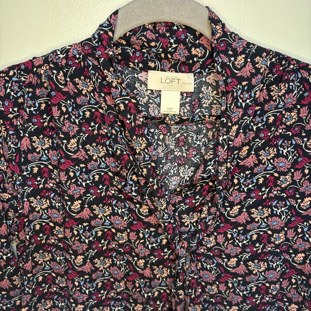 Loft V Neck Tie Front Black Pink Blue Floral Long Sleeve Blouse Flowy XSP Collar - Image 8