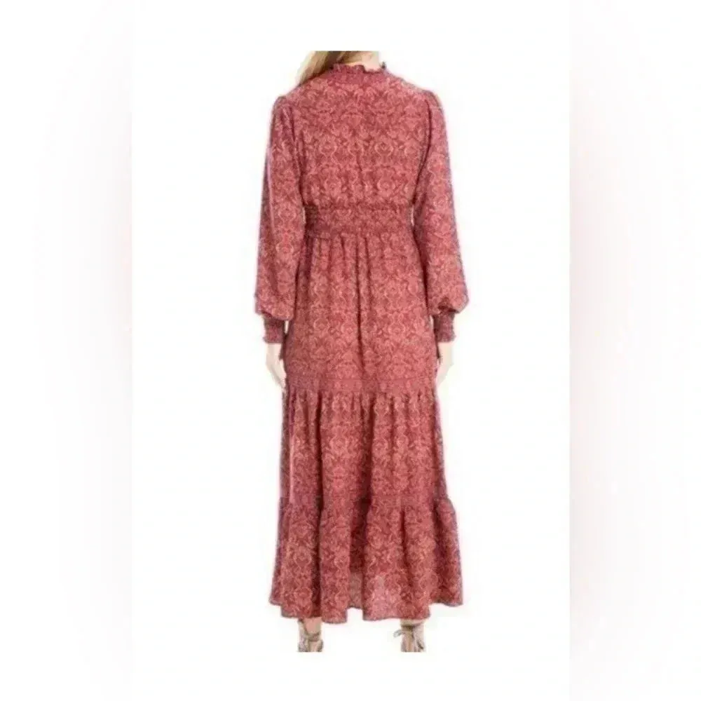 Max Studio Boho Tiered Crepe Maxi Dress Wine Paisley V-Neck Cuffed sz Small new - Image 4