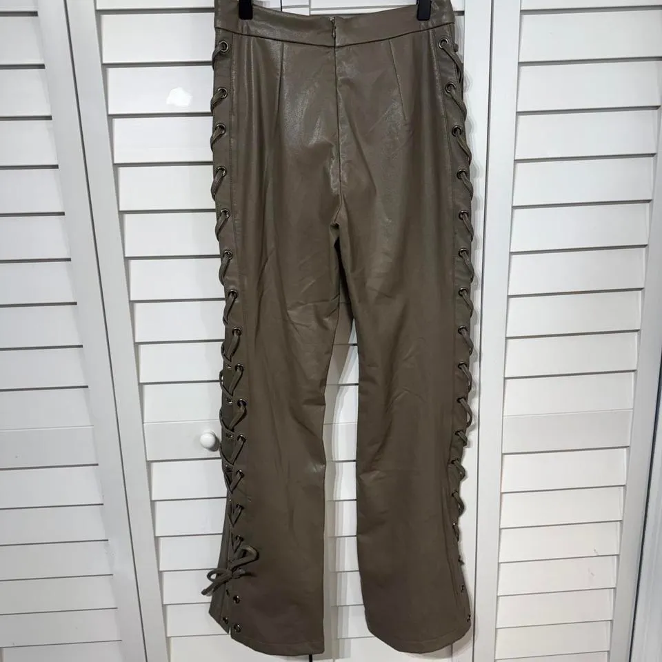 Y2K Lace Up Faux Leather Bootcut Pants Brown Moto Biker Festival NWT - Image 3
