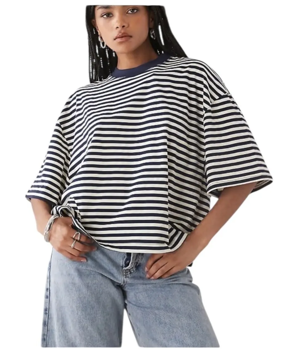 ZARA Striped TShirt Navy White Casual Oversized Crew Neck Short Sleeve Top M - Image 1