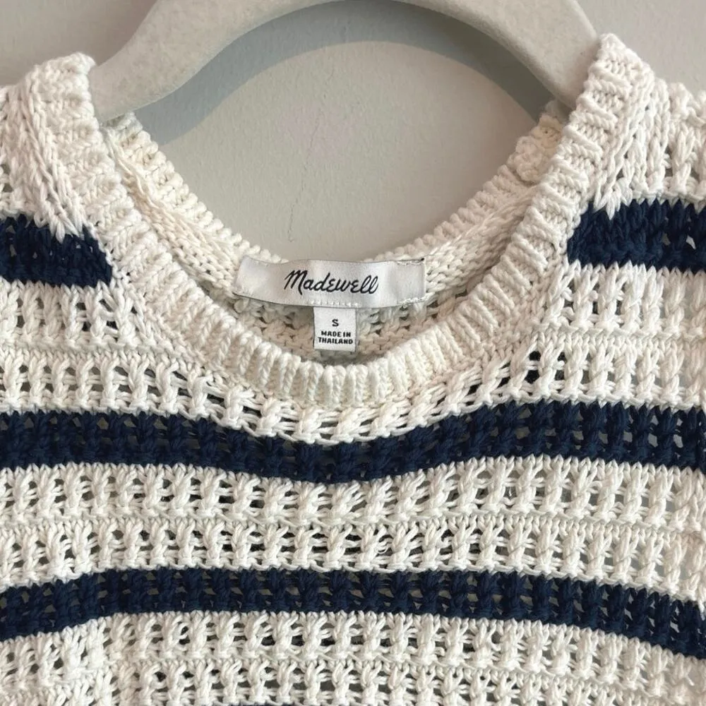 Madewell Crochet-Knit Crewneck Sweater Tank In Bright Ivory Navy Size S - Image 5