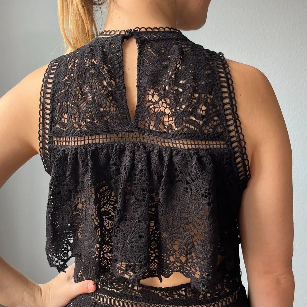 Rebecca Taylor Black Lace Cut Out Ruffle Tiered Midi Arella Dress - Image 7