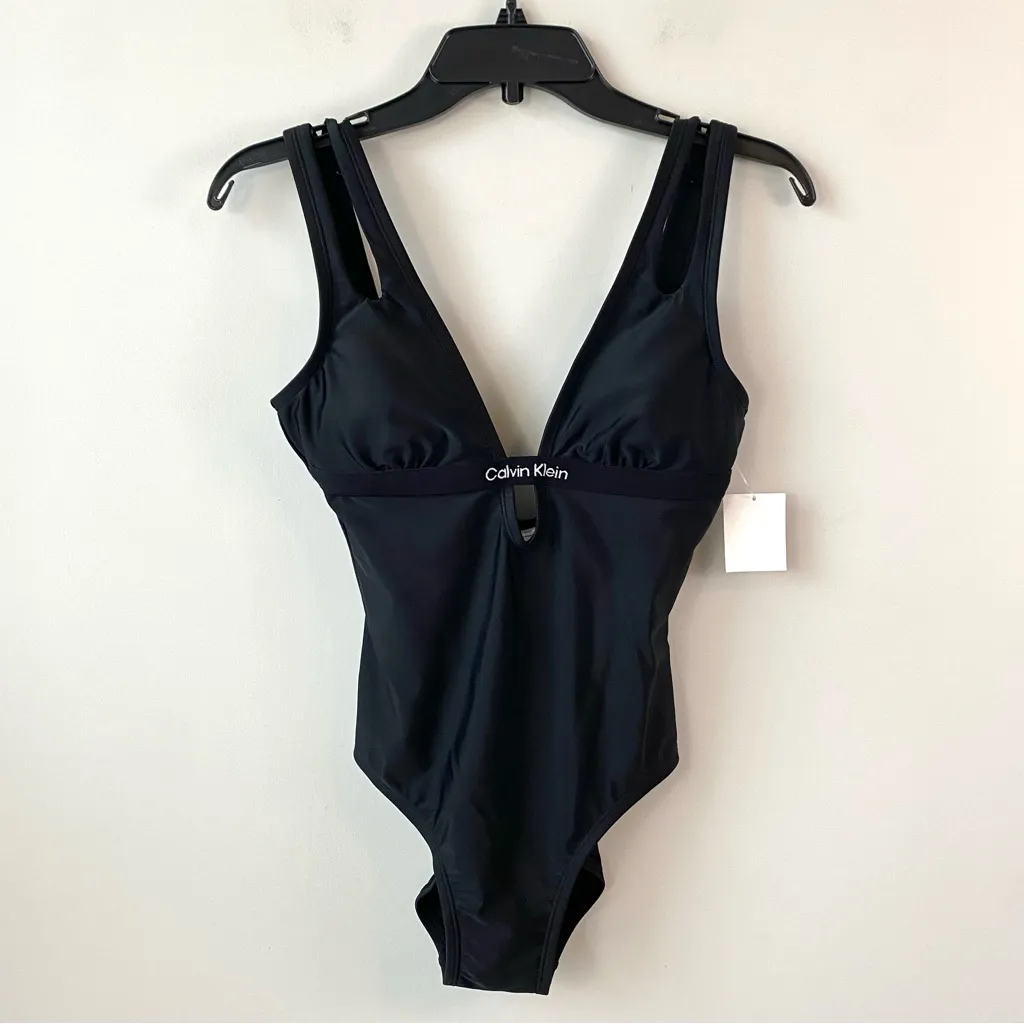 Calvin Klein Swimwear Women's Logo V-Neck Cut Out One‎ Piece Swimsuit Size S - Image 3