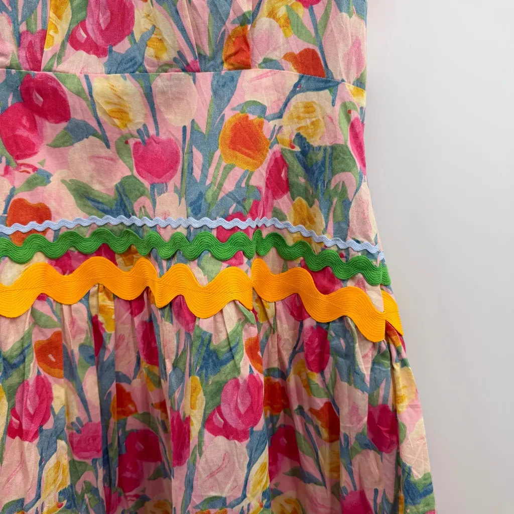 Entro dress rickrack detailing floral print colorful ric rac tulips lined L NWT - Image 3