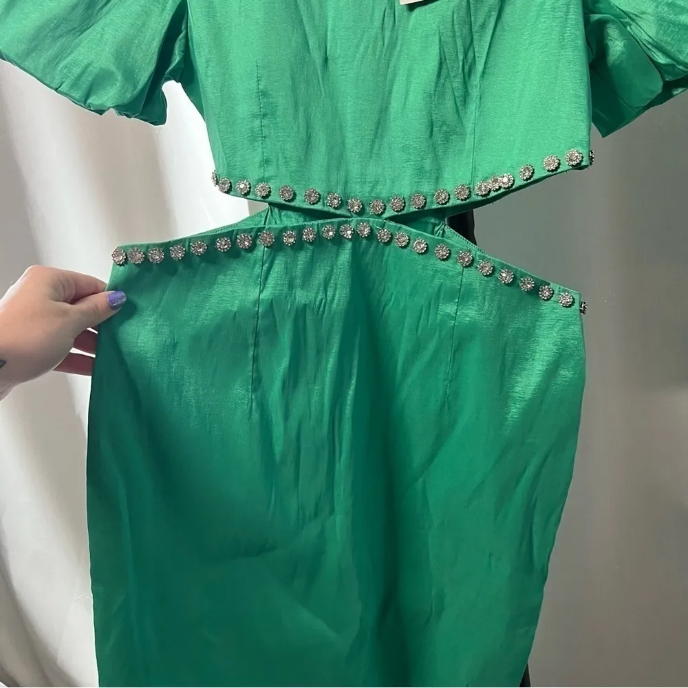 Band of Stars Green Puff Sleeve Rhinestone Cutout Dress Size 8 - Image 7