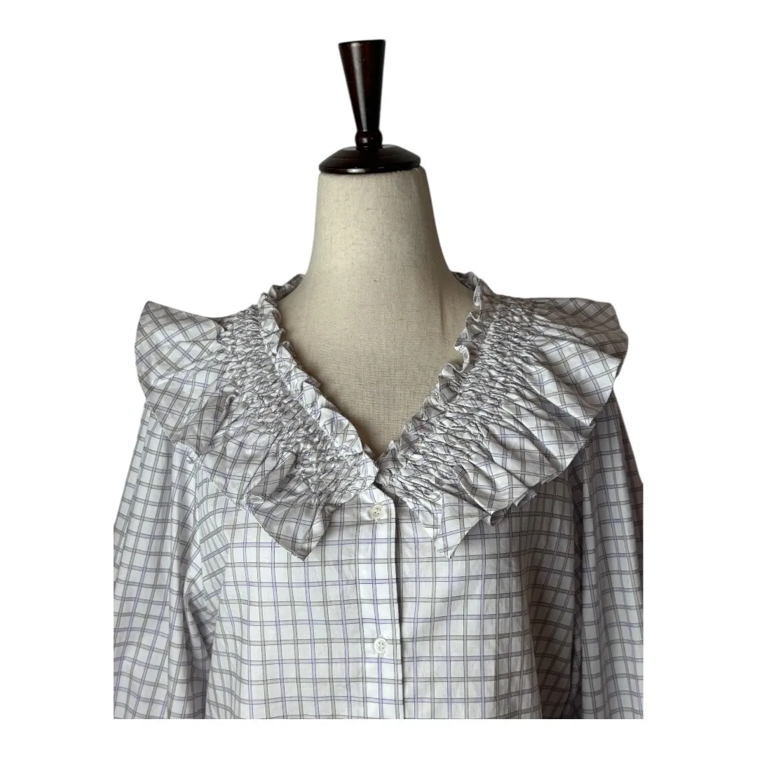 Sandro Shirt Women Small White Purple Devie Check Smocked Ruffle Button Down NWT - Image 4