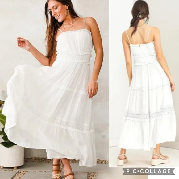 HYFVE White Ruffle crochet Trim Tiered Boho sleeveless Maxi Dress large - Image 2