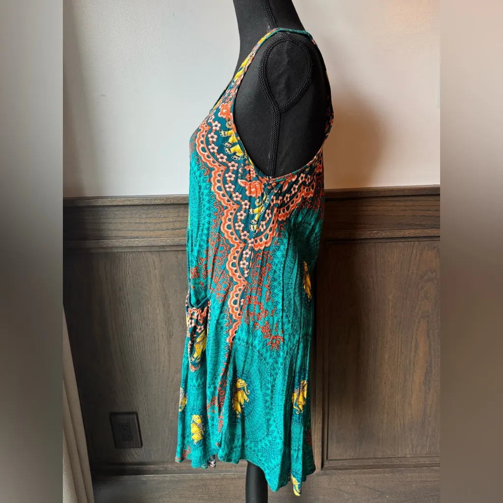 Sleeveless Teal and Orangehippe boho elephant Patterned Dress - Image 4