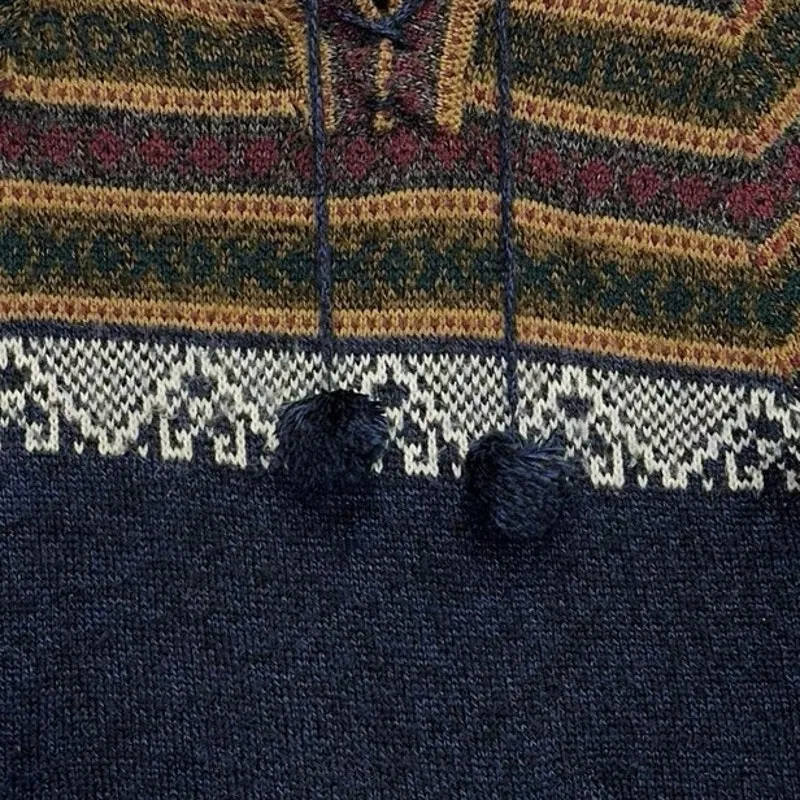 Alpaca Boho Fair Isle Hooded Sweater Pullover w/ Pockets Cozy Festival Style Blue - Image 3