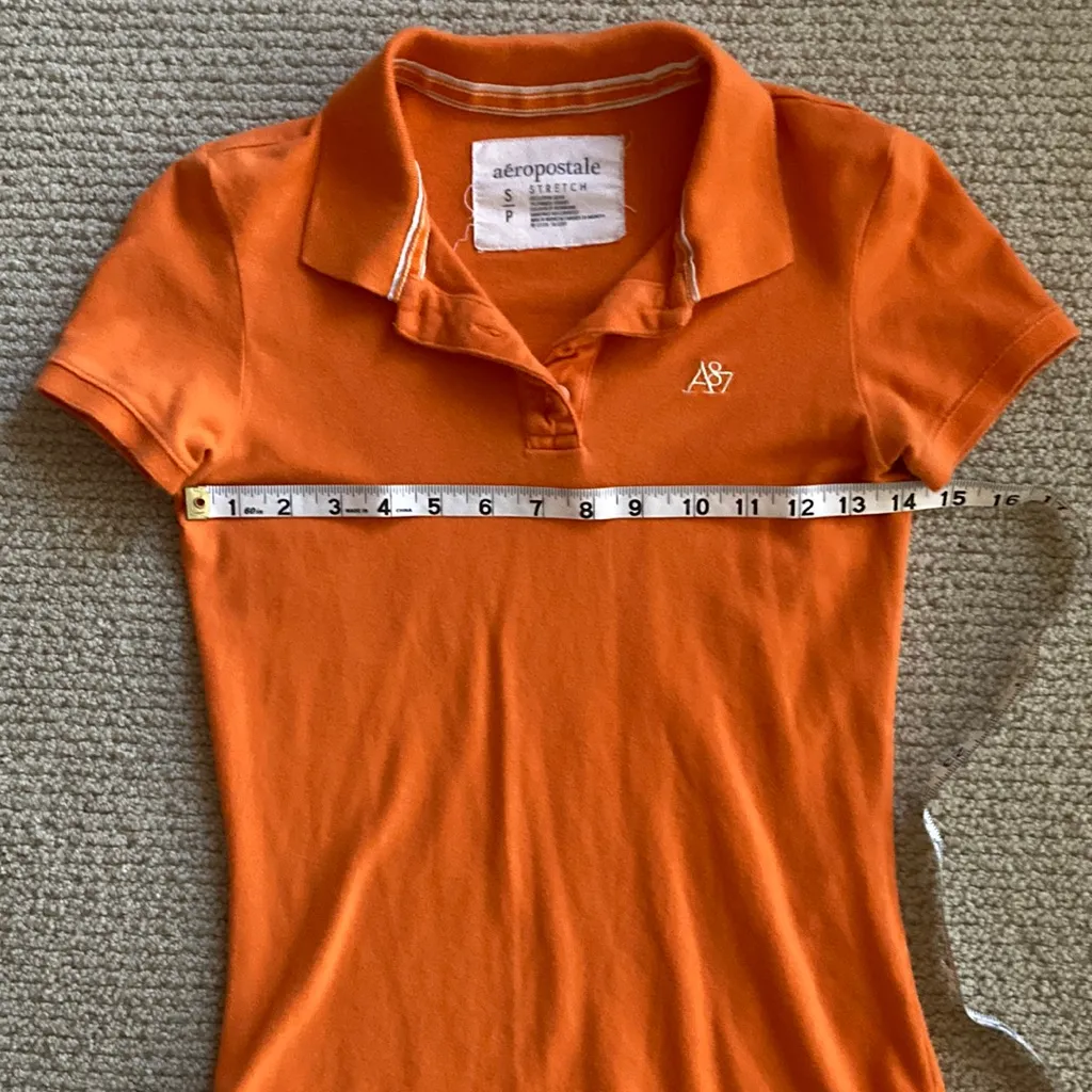 Aeropostale Y2K Orange Stretch Polo Short Sleeve Button Down Blouse Solid Small - Image 5