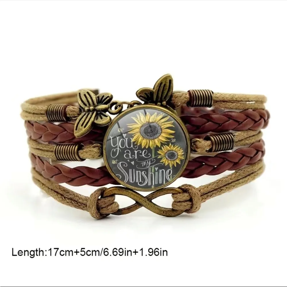 You are my sunshine sunflower butterfly multilayer faux leather braided bracelet - Image 2