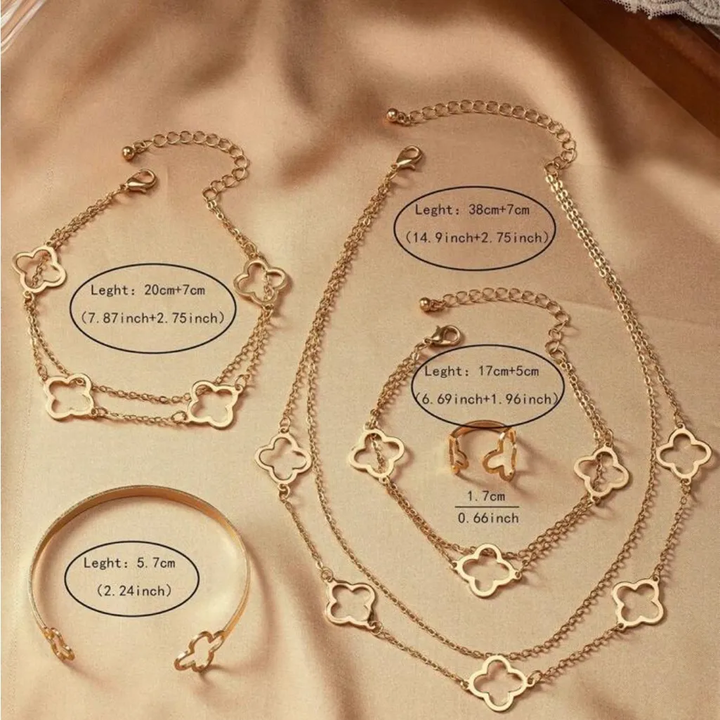 5pcs/Set Elegant Lucky Clover Necklace, Bracelet, Bangle, Ring, Anklet Gold - Image 6