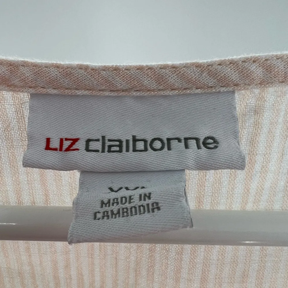 Liz Claiborne linen blend pink white striped XXL short sleeve top summer cotton - Image 6