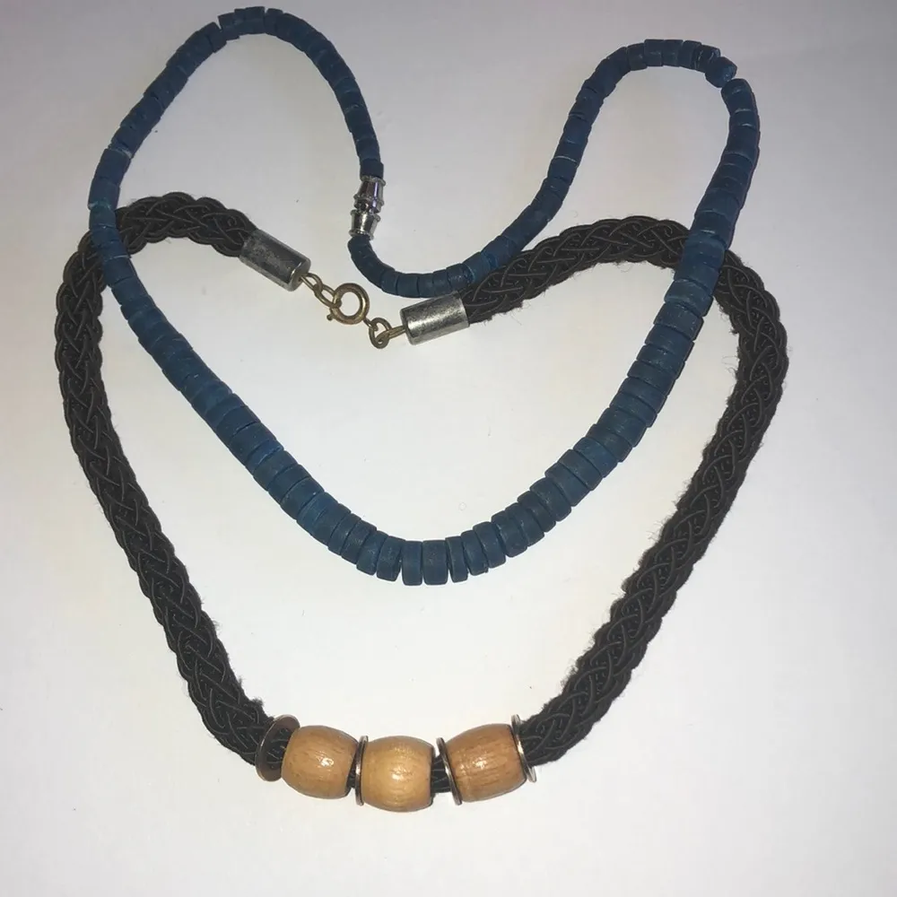 2 Vintage Boho Brown Wood & Blue Disk Beaded Retro Necklaces - Image 2
