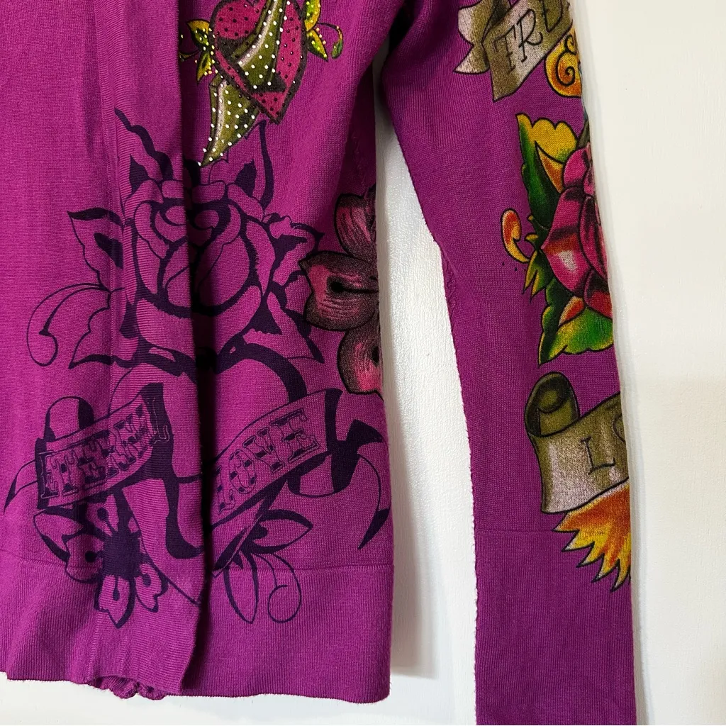 Ed Hardy Y2K Eternal Love Dagger Geisha Zip Front Hooded Cardigan Sweater XS - Image 2