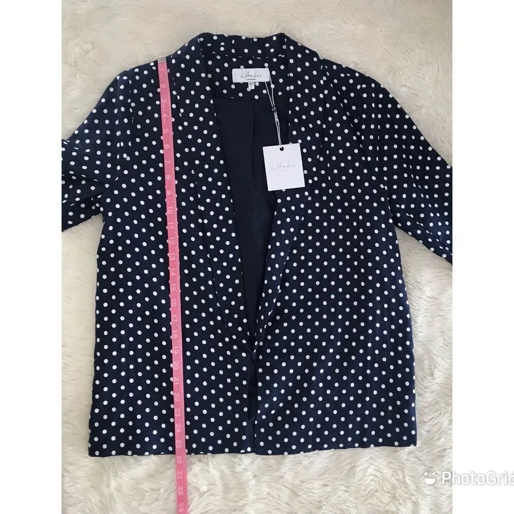 L’ACADEMIE Carter Linen Blazer Open Front Navy Blue White Polka‎ Dot Medium New - Image 15