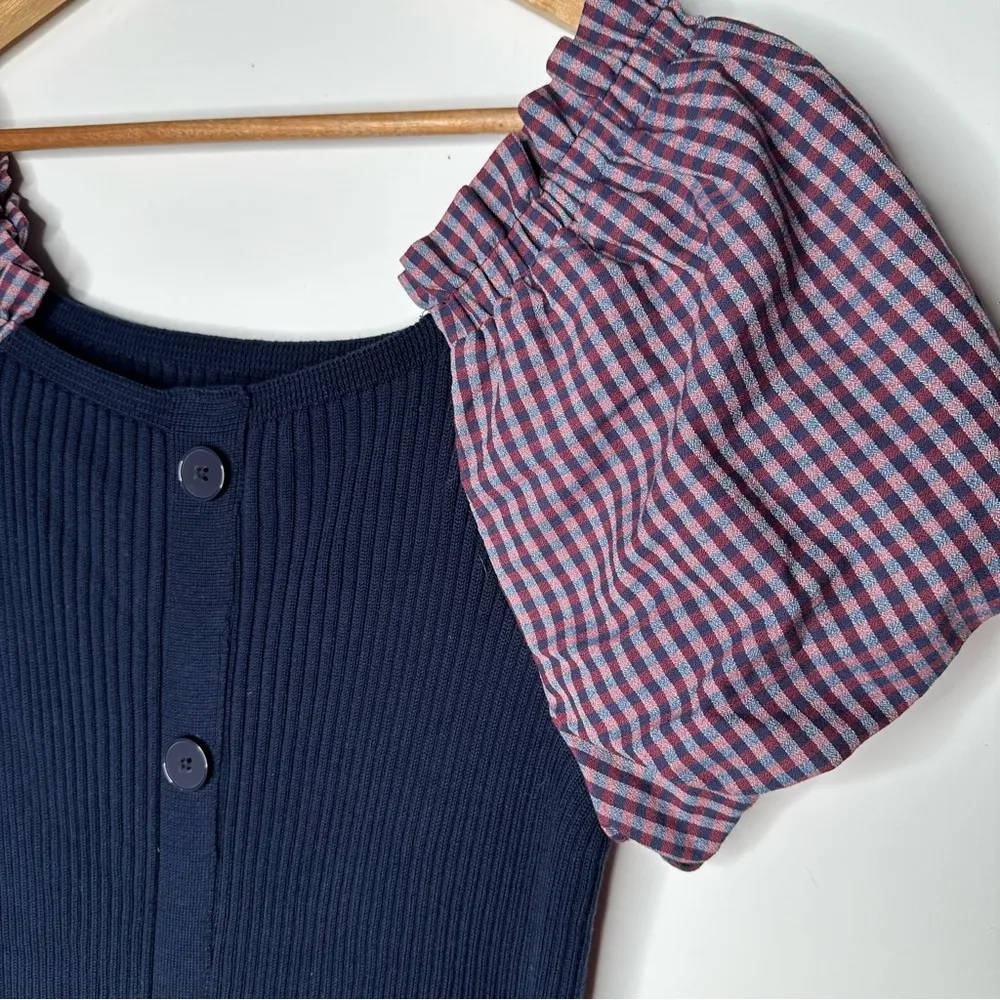 Maeve Anthropologie Navy Button Up Ribbed Knit Puff Sleeve Dress Size Large - Image 5