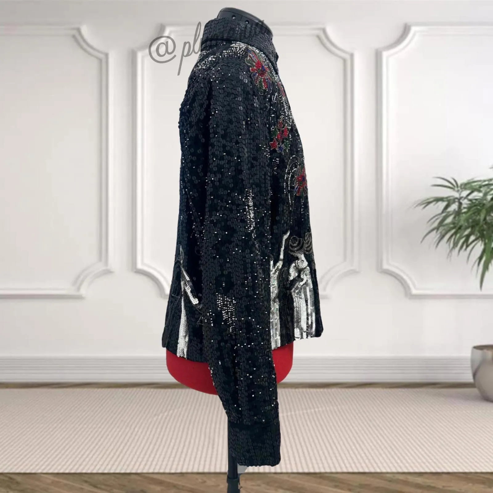 Vintage 80’s Just Fabulous Fireworks New Year’s Eve Silk & Sequin Jacket Size S Black - Image 4