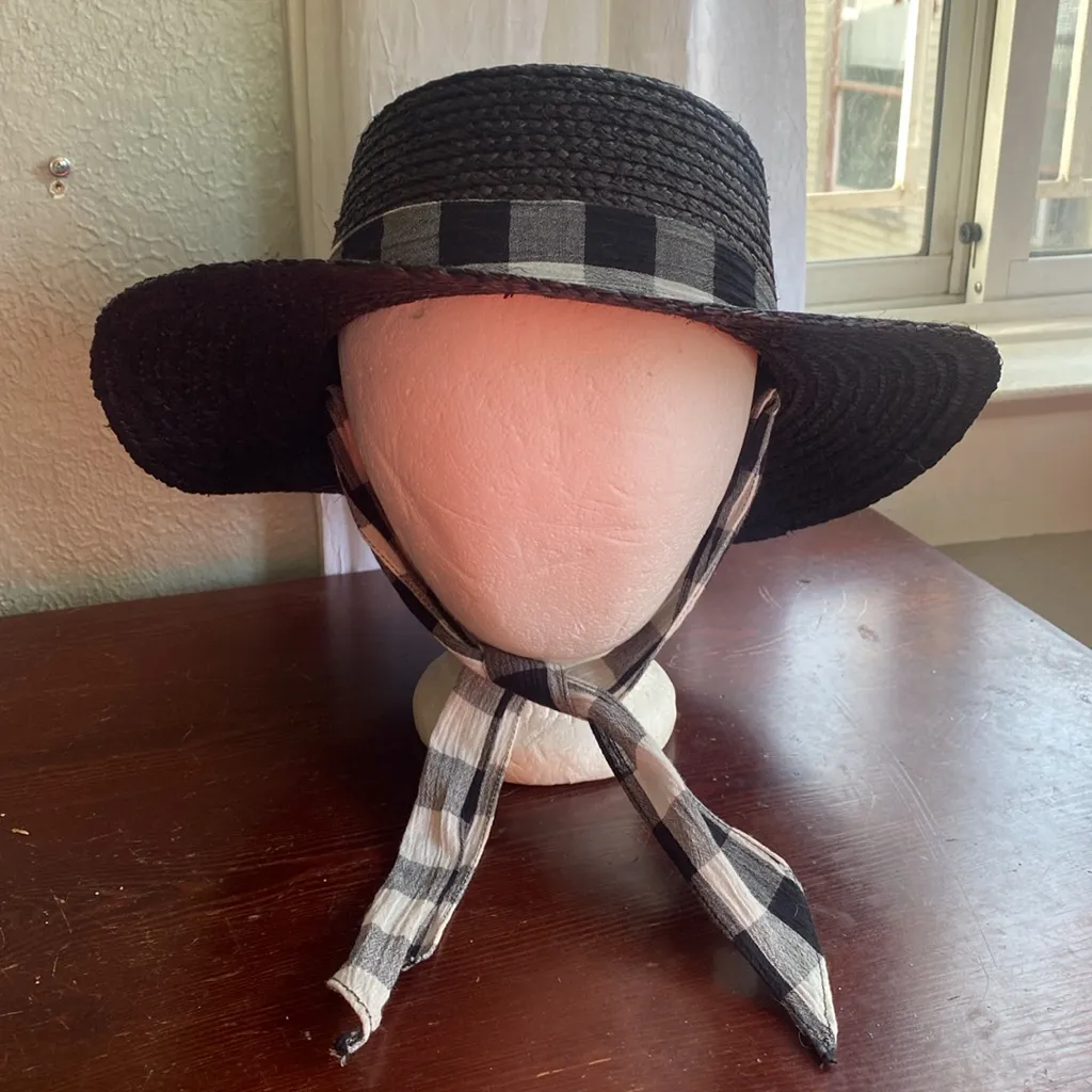 Madewell Stampede Strap Straw Boater Hat Size M-L Black Gingham Scarf Tie - Image 3
