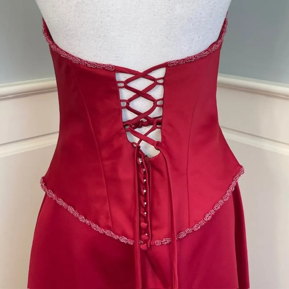 Y2K Vintage Formal Prom Princess Lace Up Corset Dress Red Satin Medium - Image 9