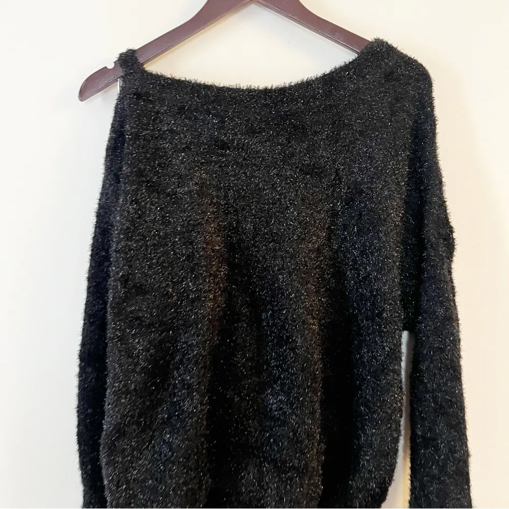 Koton Black Metallic Sparkle Sweater One Shoulder Buckle Detail Size Large - Image 8