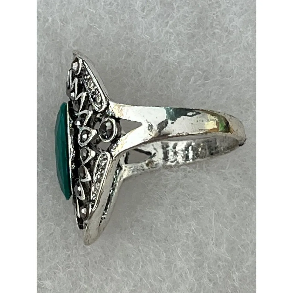 Silver Tone Jade Colored Rhinestone Marcasite Statement Ring‎ Sz 10 - Image 4