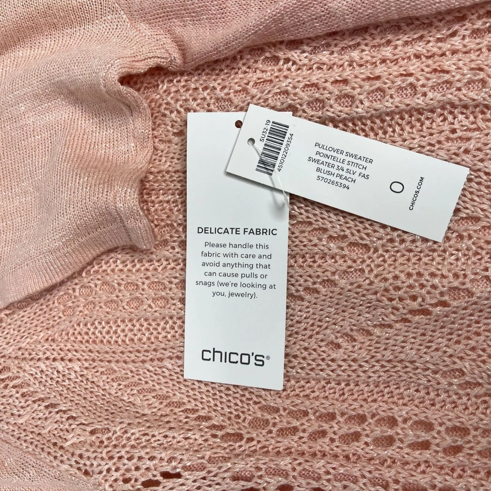 NWT Chico’s Size 0 Pullover‎ POINTELLE STITCH SWEATER Shirt Blush Peach Small - Image 3