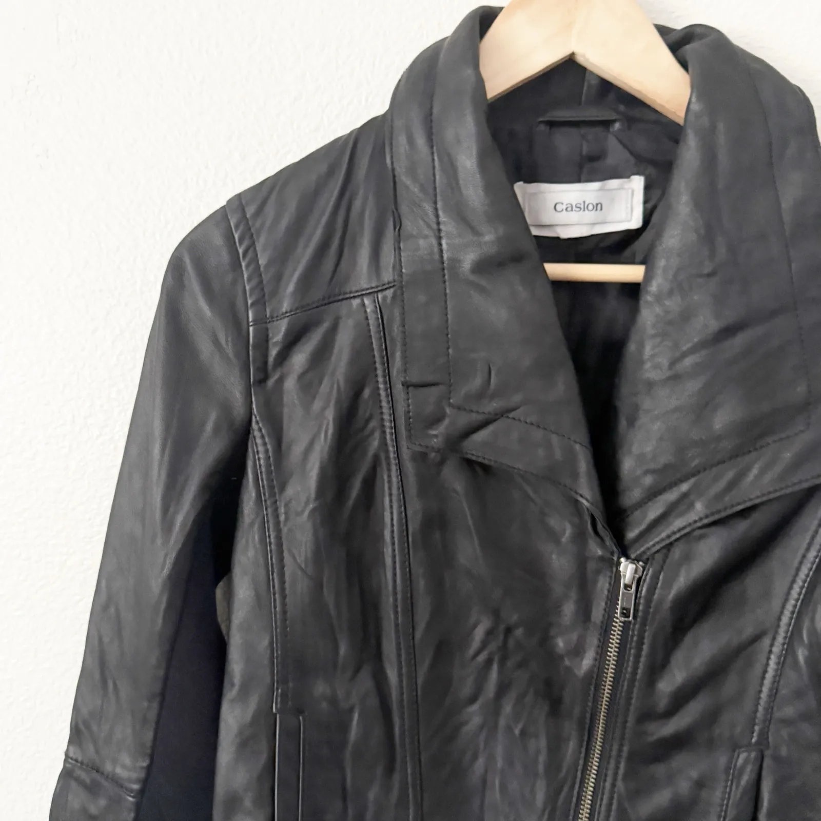 CASLON |  Black Moto Motorcycle Style Jacket Stretch Panels Zipper | Medium - Image 3