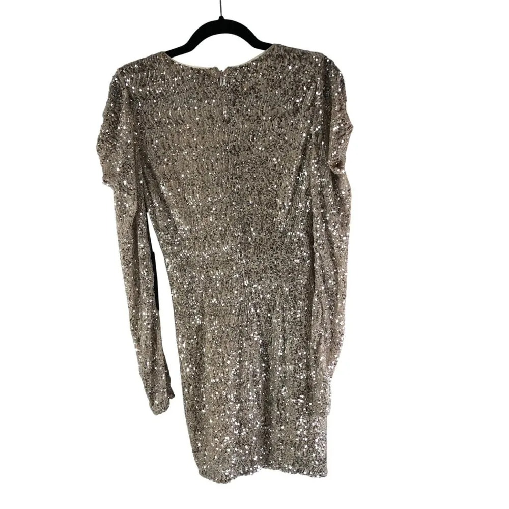 House of Harlow Mini Dress Ruched Long Sleeve V Neck Sequin Gold S - Image 2